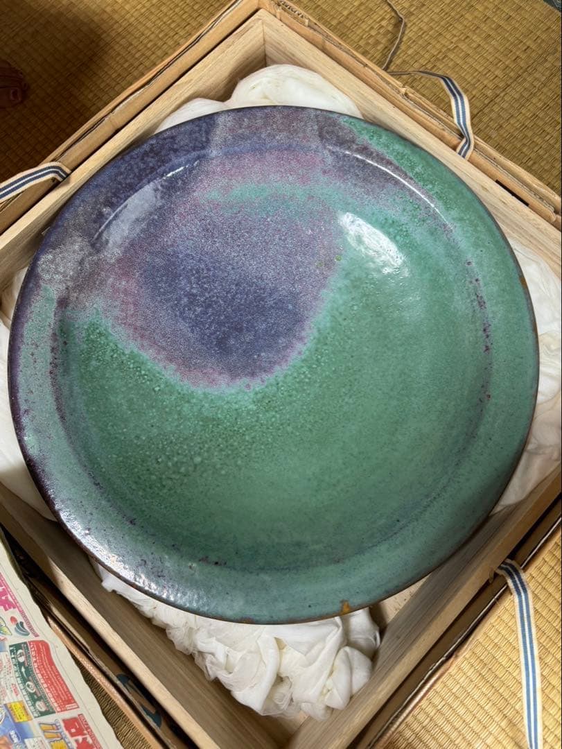骨董品名陶 大皿 緑紫のグラデーション