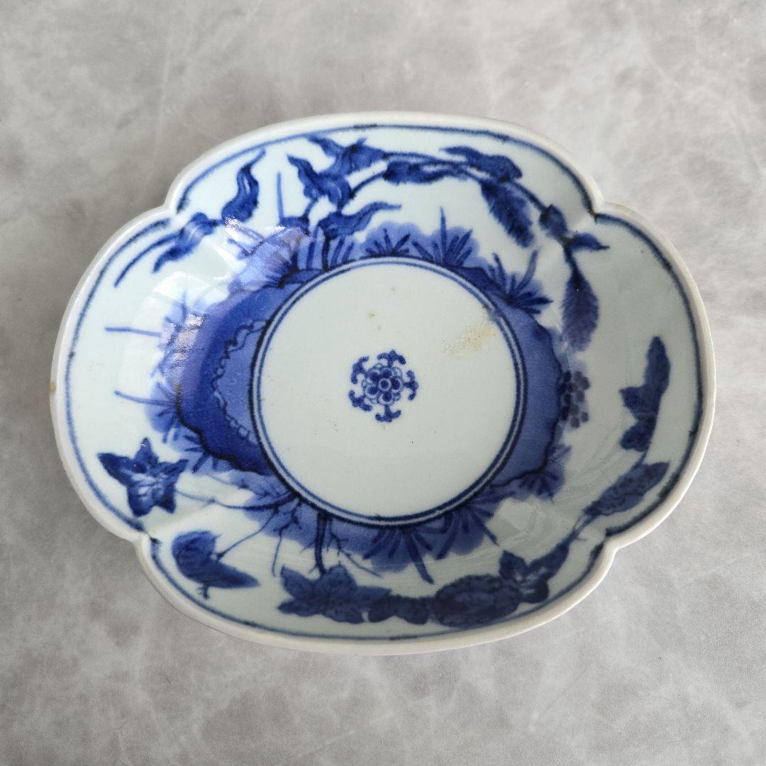 古伊万里　染付　変形皿　江戸時代　五弁花　金直し　金継ぎ　骨董　アンティーク