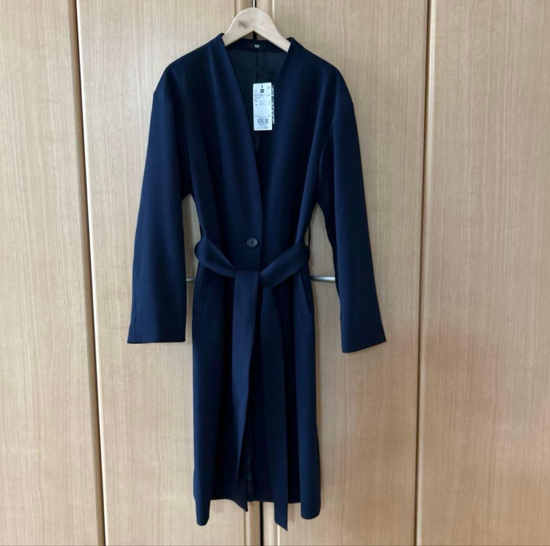 プラステ　【新品】　Vネックベルテッドロングコート　ネイビー　S