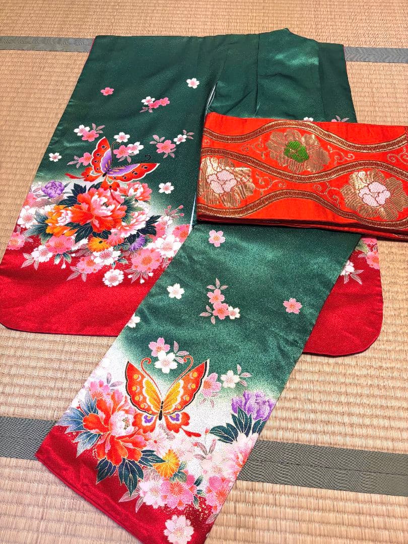 七五三　女児着物襦袢帯3点セット　緑