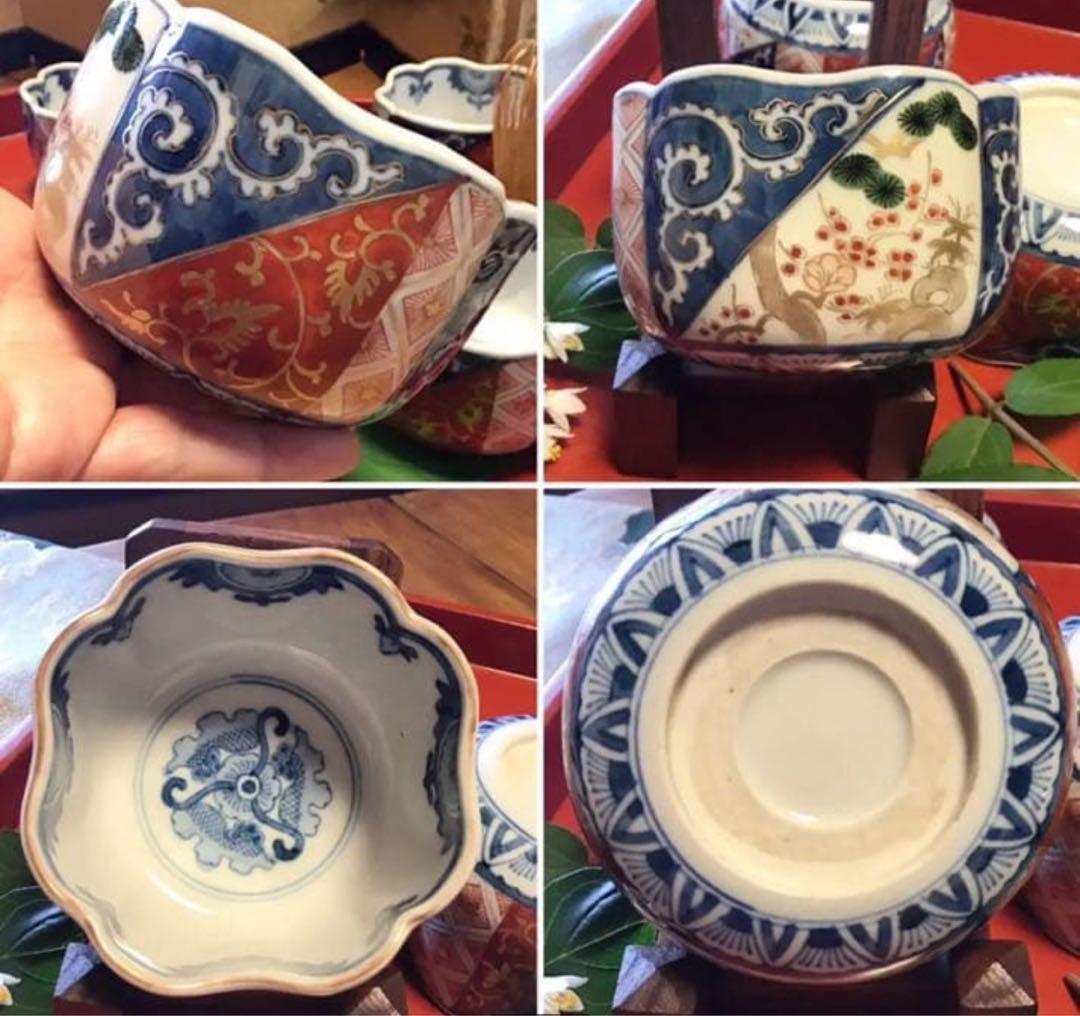 A1058古伊万里　最上手　染錦手　逆蛸唐草　松竹梅　波縁形鉢　向付　5客