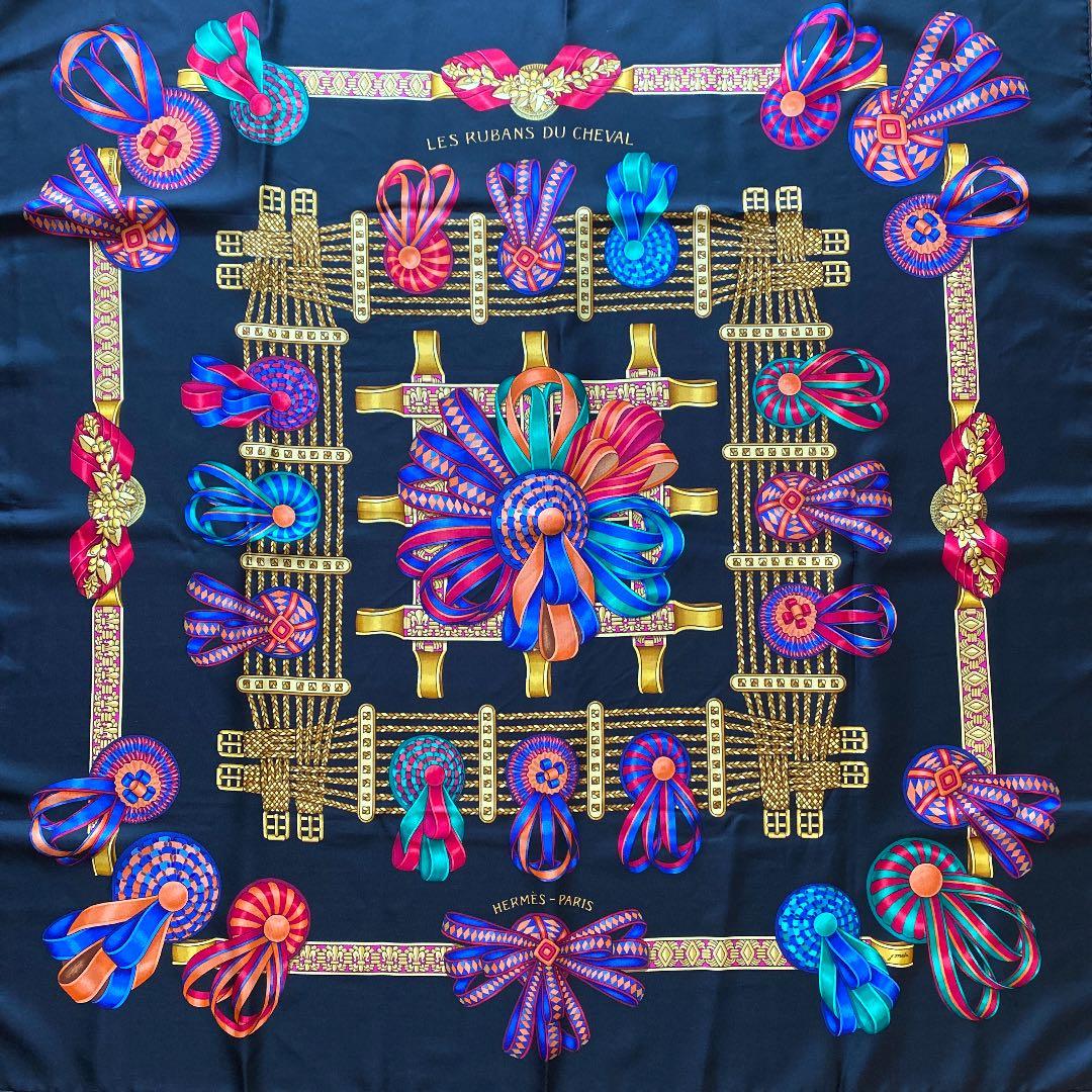 エルメス　スカーフ　カレ　90 馬のリボン飾り　黒