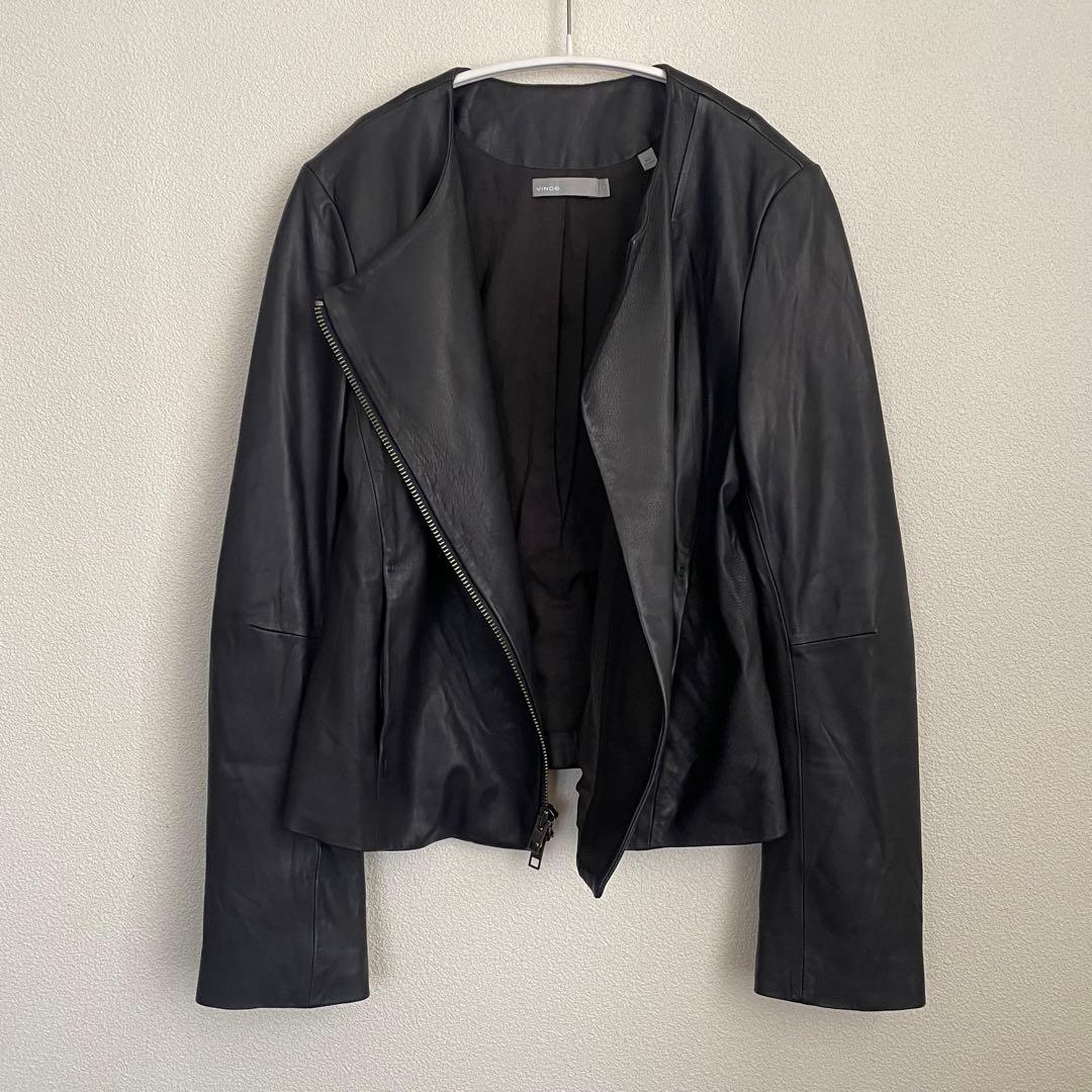 VINCE ノーカラー ラムレザー 黒ジャケット M