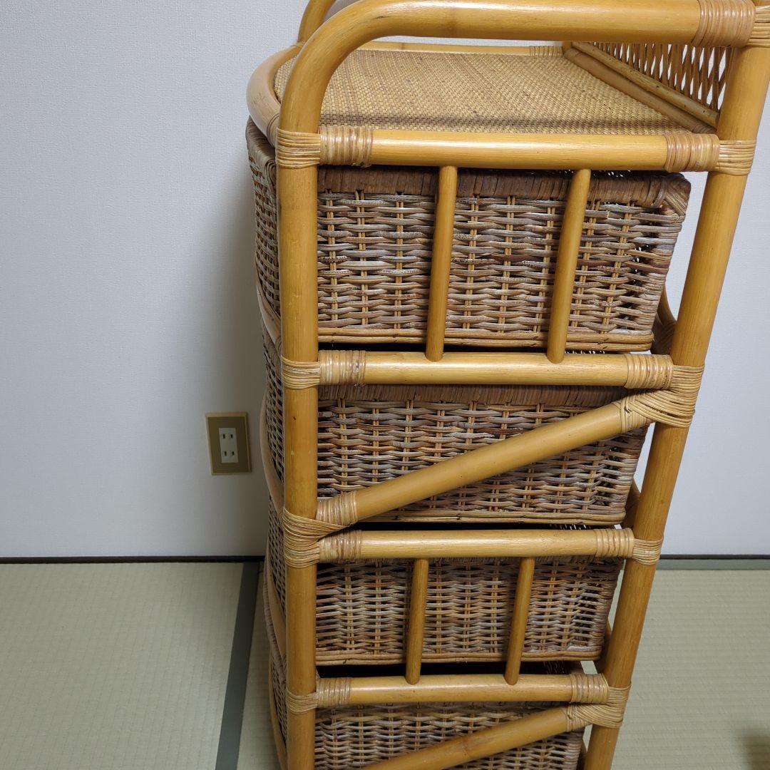 ヴィンテージ、昭和レトロラタン4段チェスト 、ナチュラル アジアン家具 、籘家具