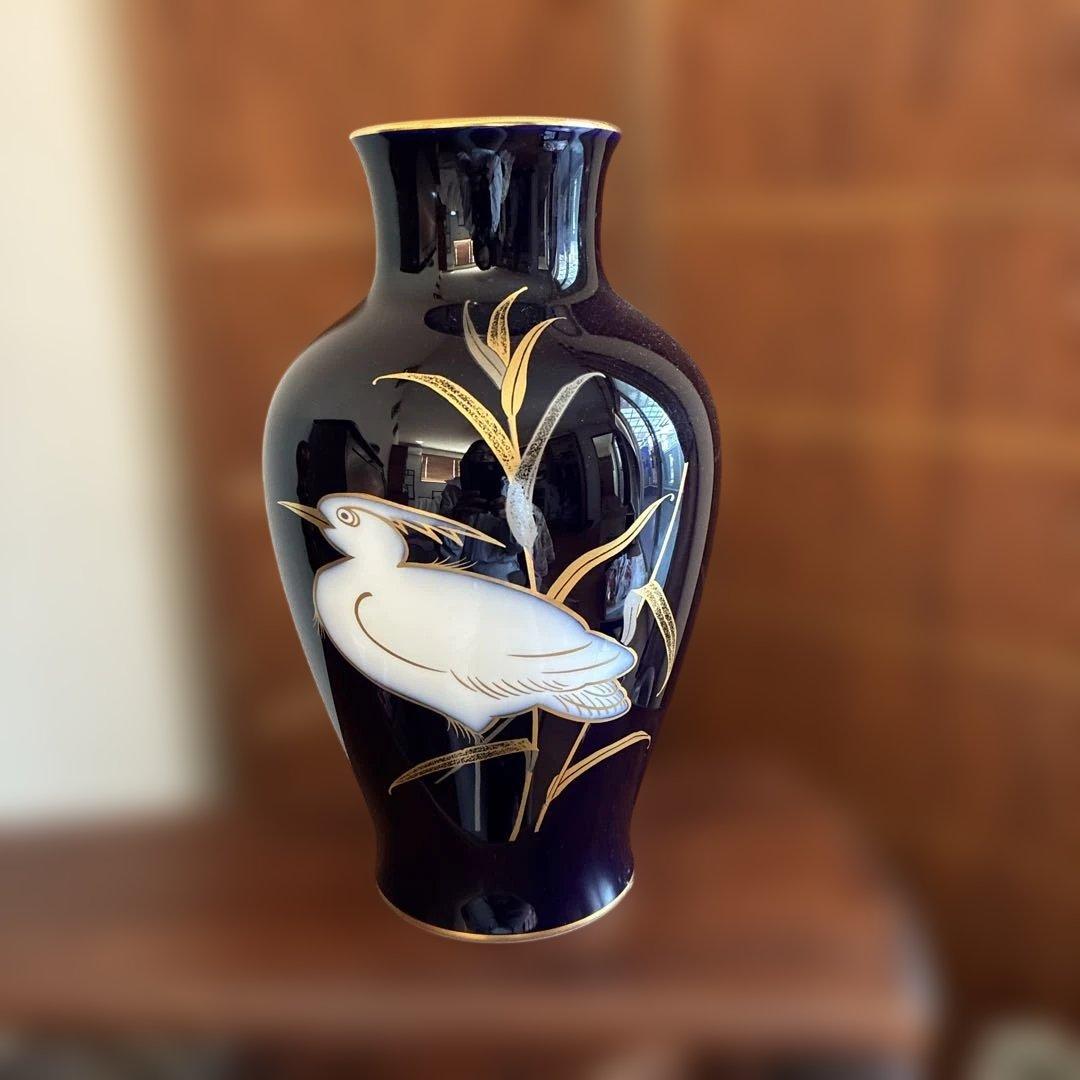 大倉陶園　瑠璃色の花瓶　鷺