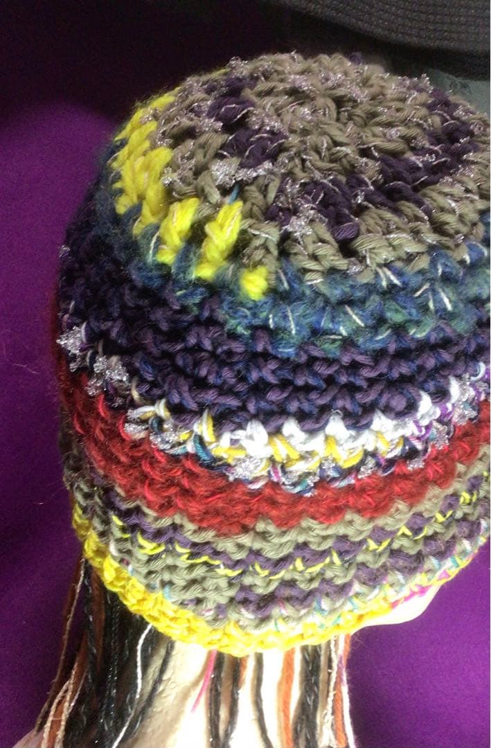 手作りニット帽　ビーニー　大きめサイズ　手作り　ストライプ　多色　リボンラメ糸