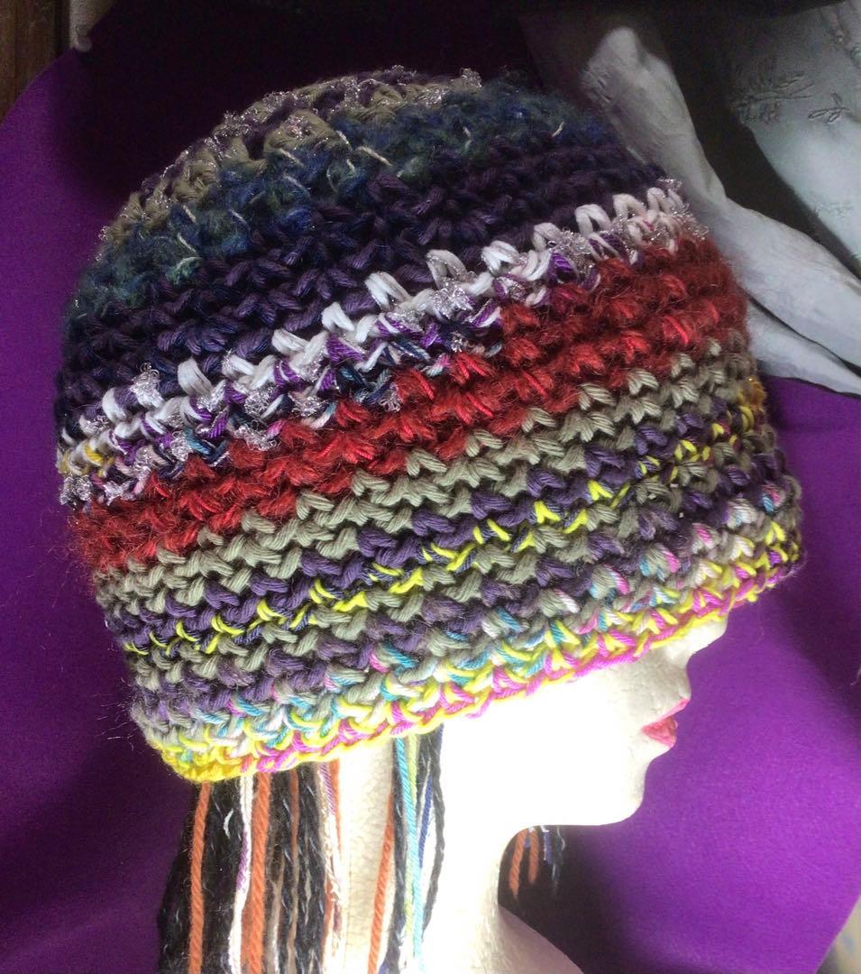手作りニット帽　ビーニー　大きめサイズ　手作り　ストライプ　多色　リボンラメ糸