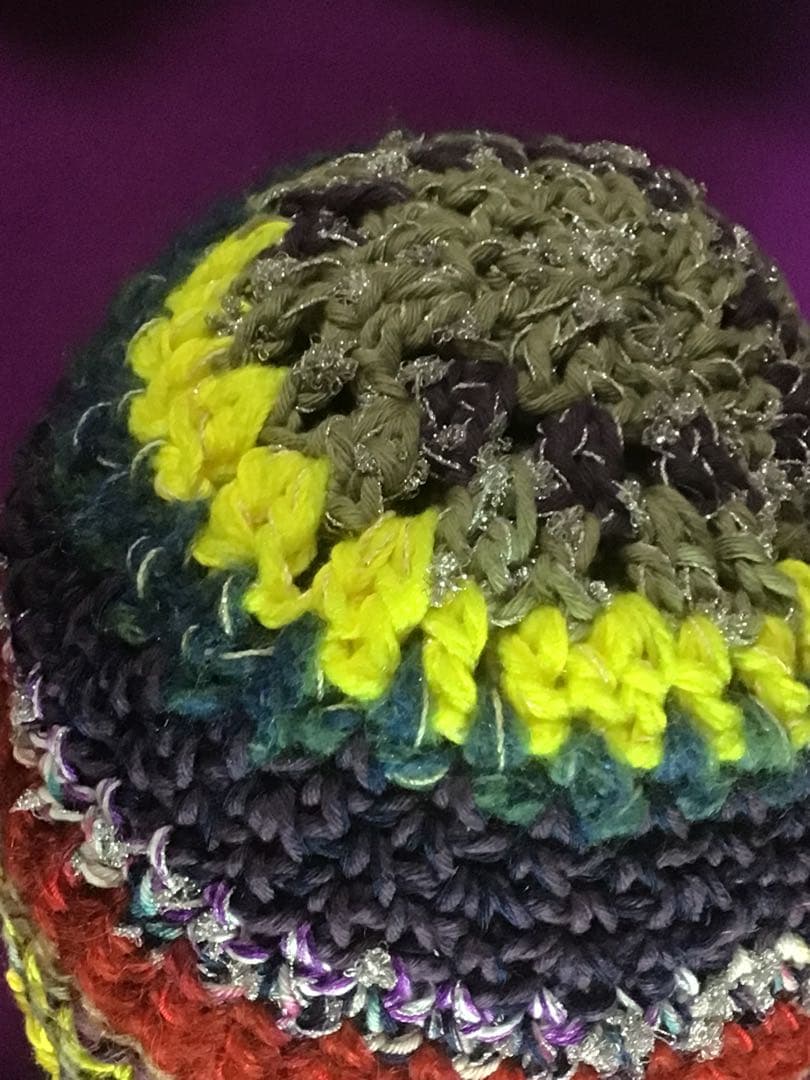 手作りニット帽　ビーニー　大きめサイズ　手作り　ストライプ　多色　リボンラメ糸