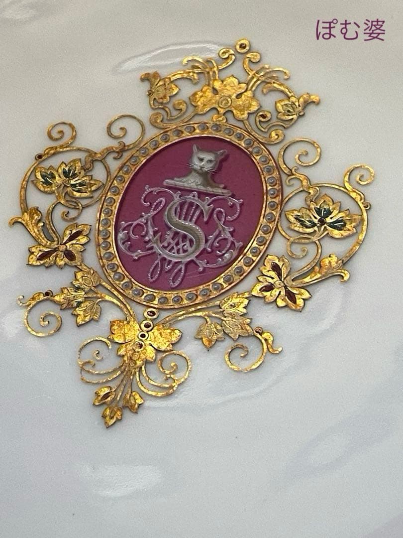 【フランス／アール・ヌーヴォー】金彩 エナメル 手描皿「Le Rosey／白猫」