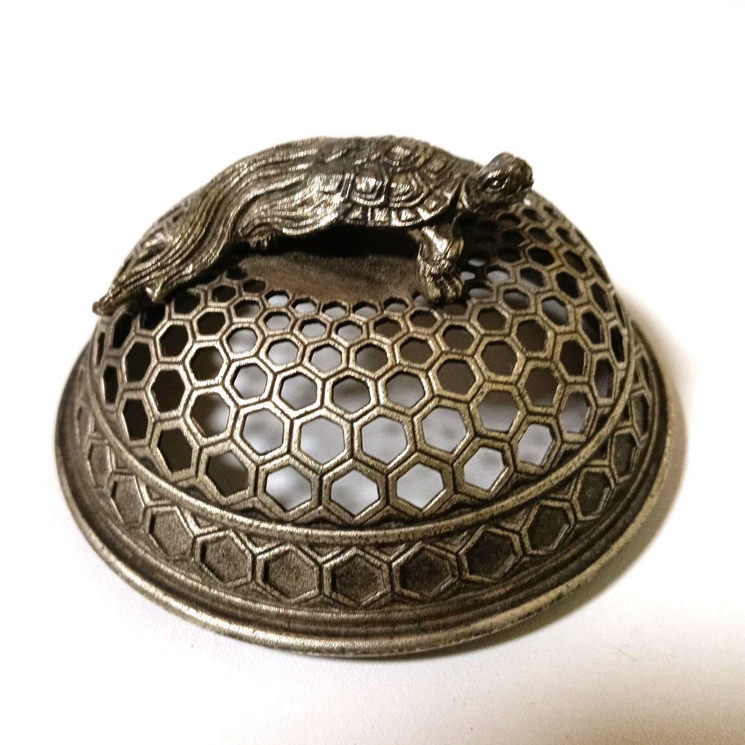 香炉 佐野宏采作　亀紐篭目透し蓋　鶴図亀摘　茶道具