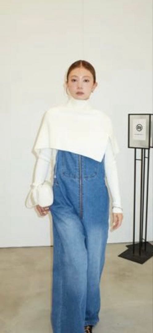 IAMALPHAケープアンサンブルニット+デニムサロペット　3点セット