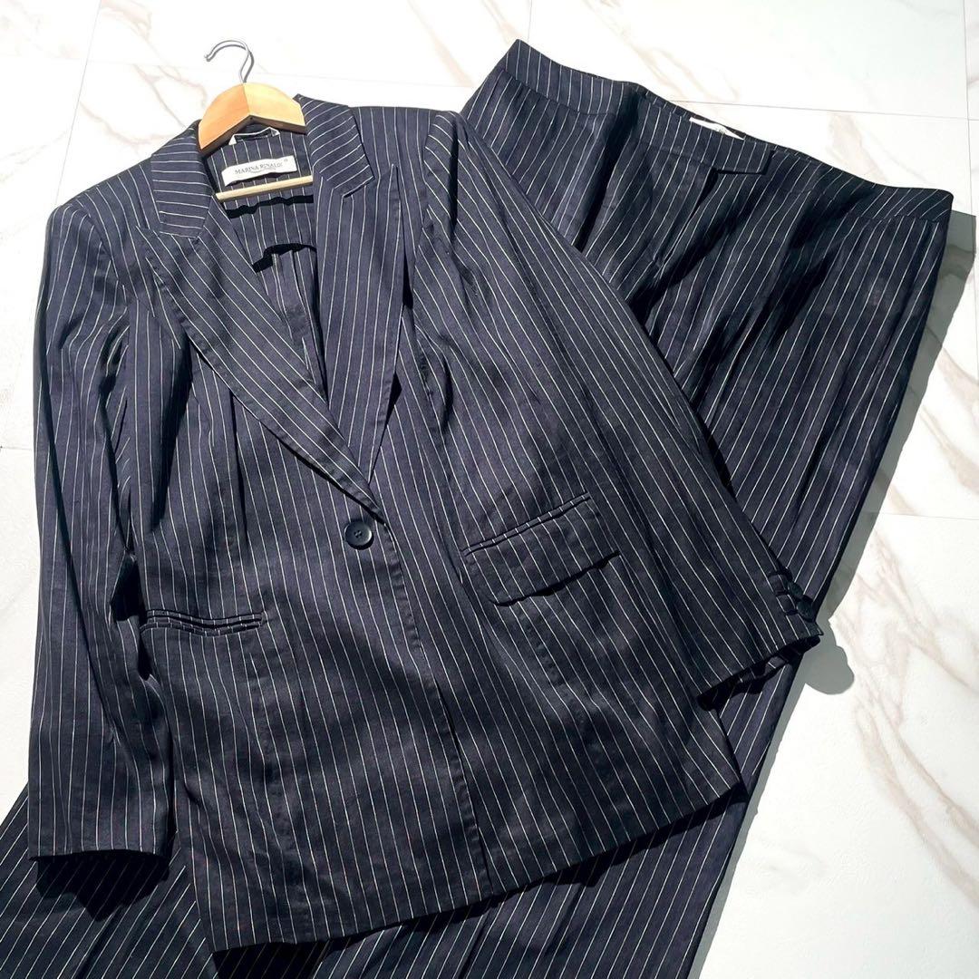 【未使用級】マリナリナルディ リネン スーツ セットアップ 紺 ストライプ 23