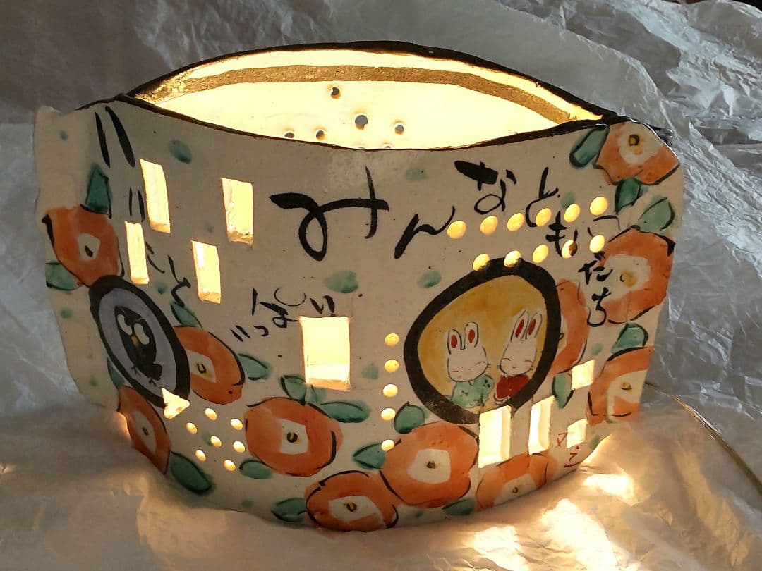 手作り工房 夕立窯 陶器 ランプシェード 未使用 うさぎ 手描き オブジェ
