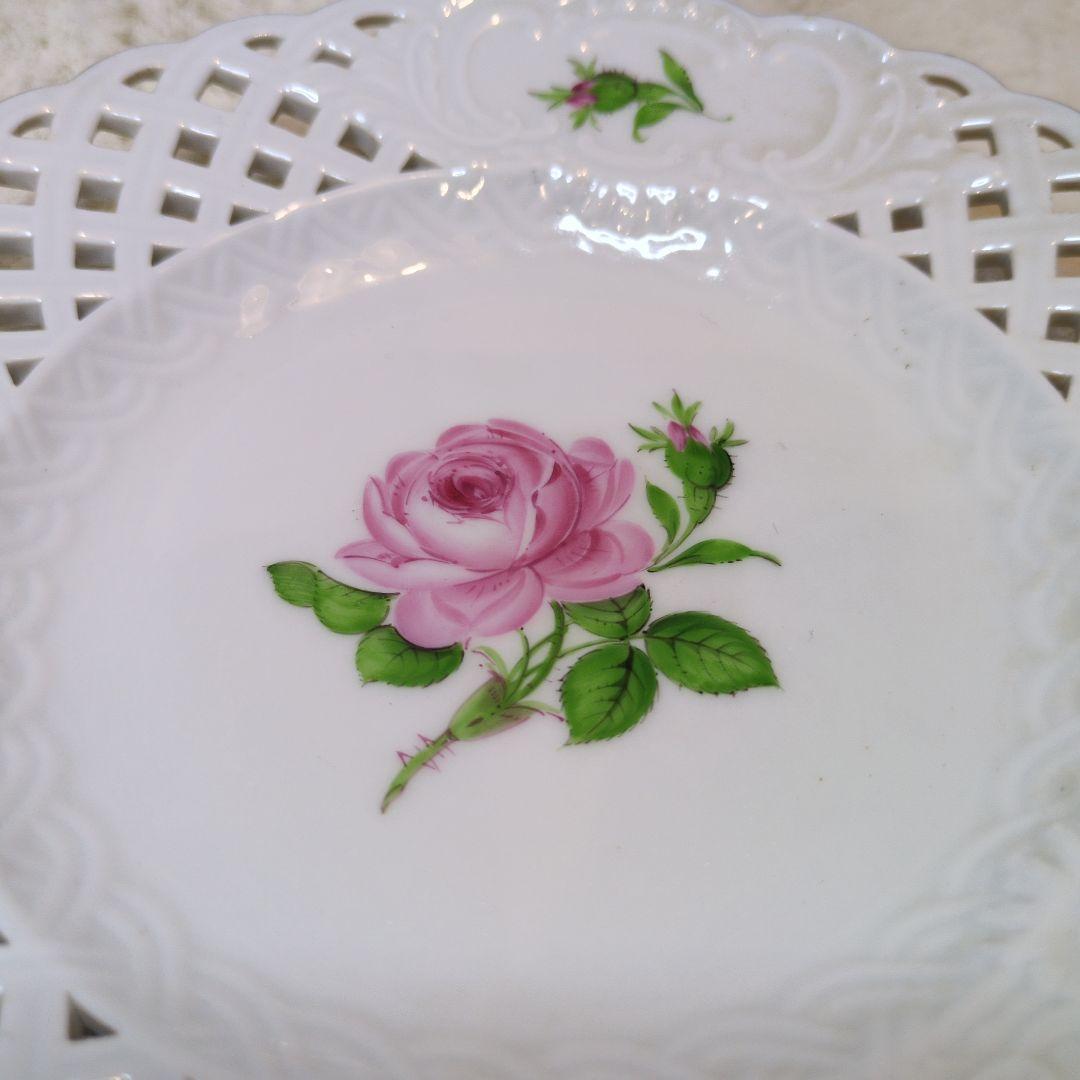 Meissenマイセンピンクローズ透かし金彩プレートオープンワークピアスプレート