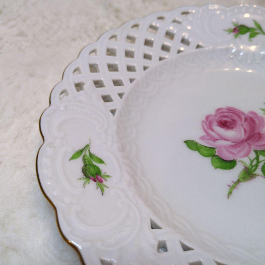 Meissenマイセンピンクローズ透かし金彩プレートオープンワークピアスプレート