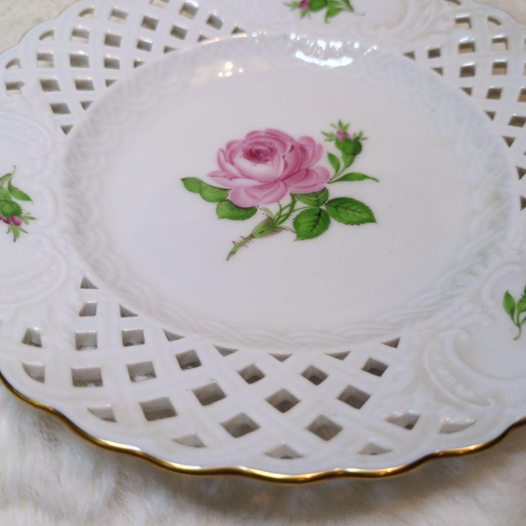 Meissenマイセンピンクローズ透かし金彩プレートオープンワークピアスプレート