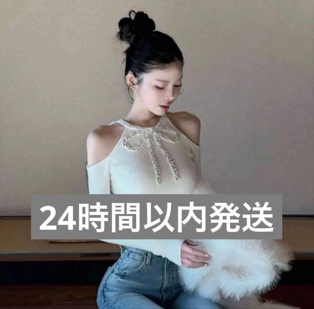 【完売品】　ダーリッチ　リボンビジューアメスリニットトップス　アイボリー