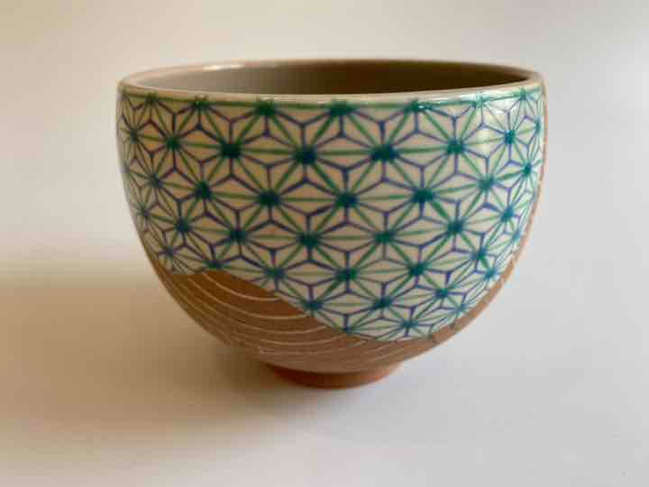 波文様麻の葉色絵抹茶茶碗　通次阿山造