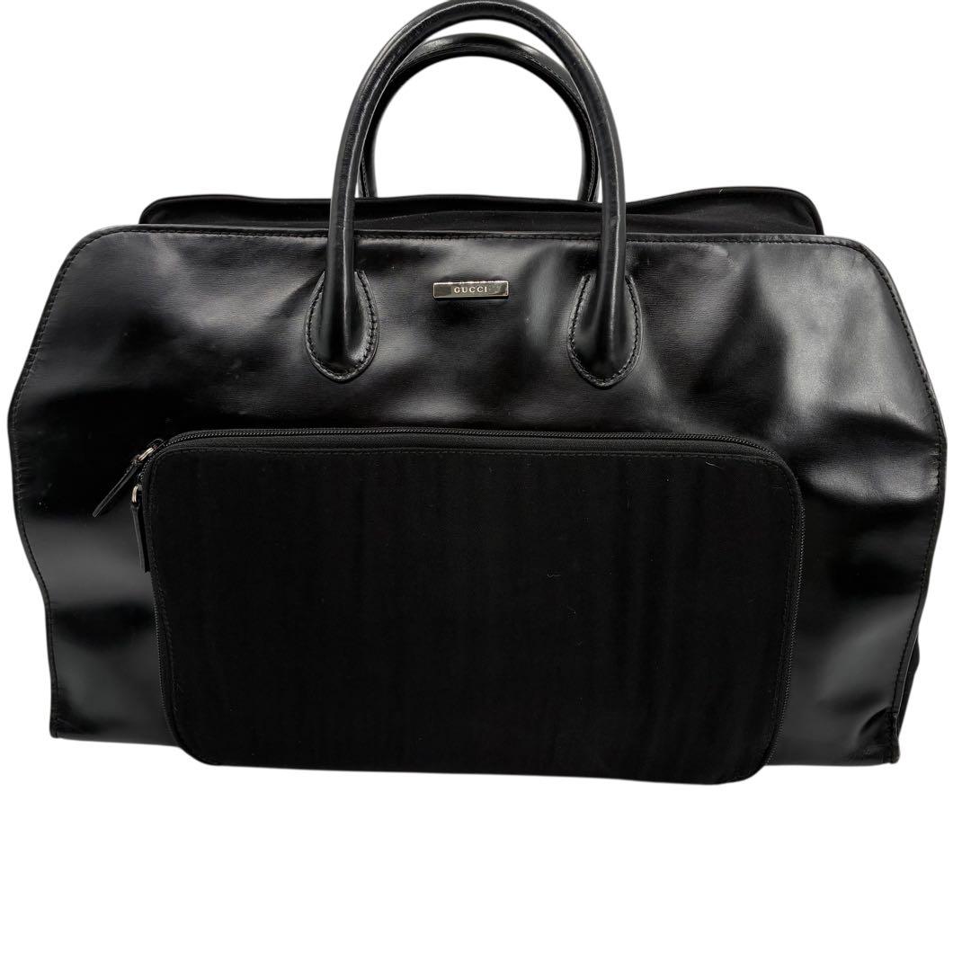 グッチ　ボストンバッグ　キャンバスレザー　大容量　ブラック　ロゴプレート