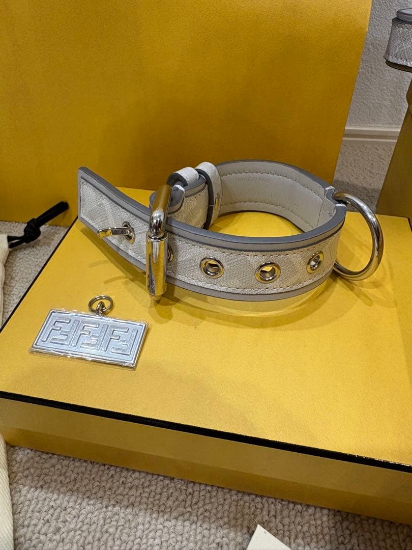 FENDI ズッカ柄 グレー レザー首輪スタッズ付き リード XS 2点セット