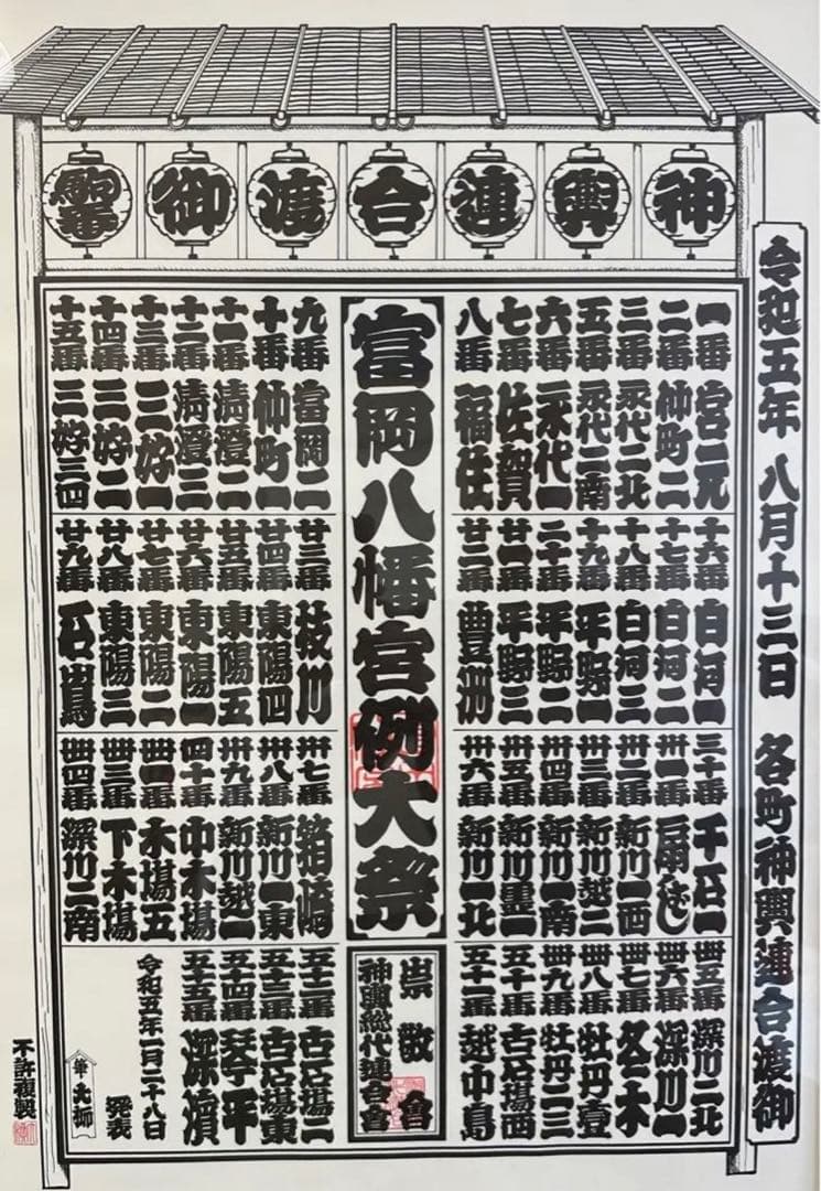 富岡八幡宮例大祭 令和5年8月13日 各町神輿連合渡御 駒番表 ポスター