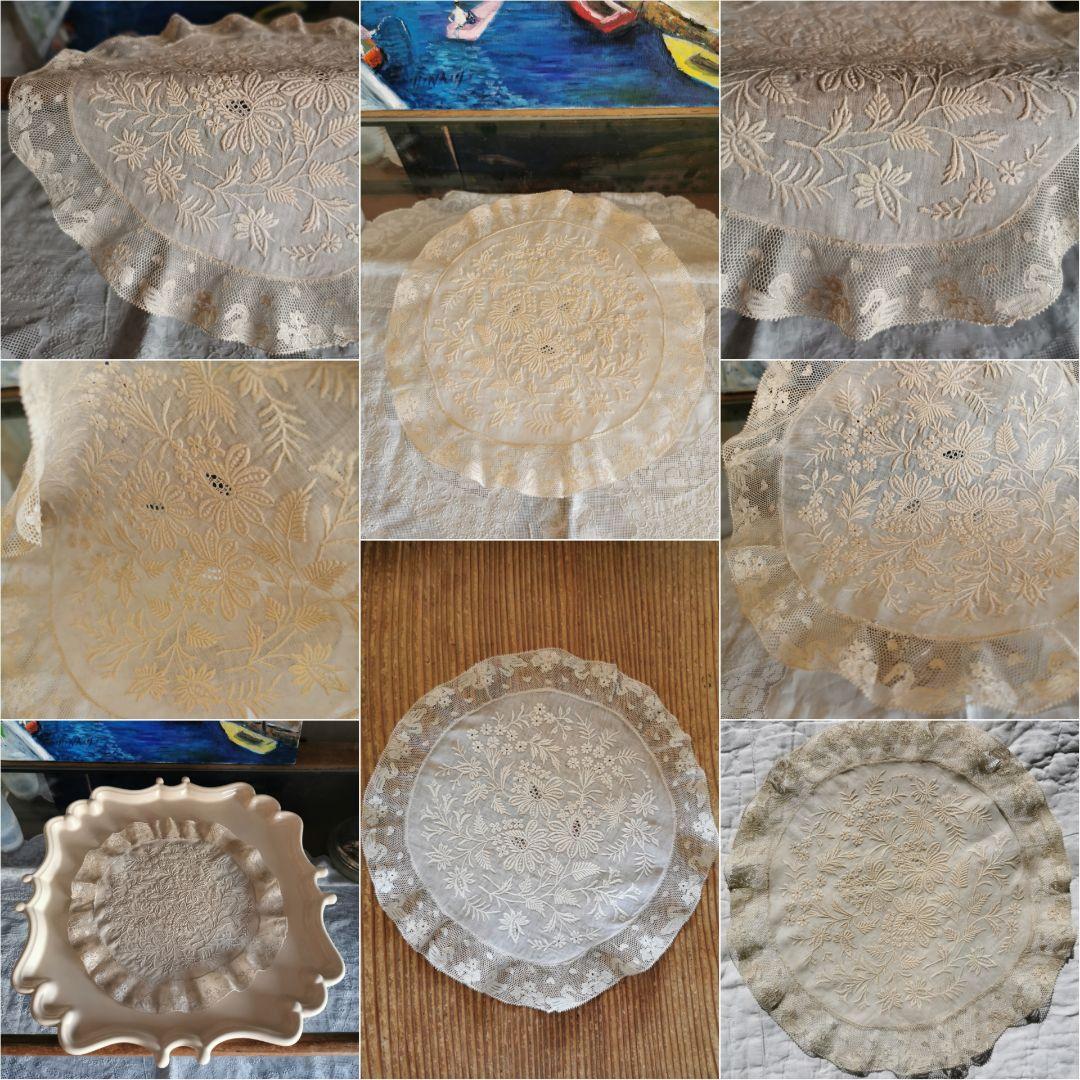 アンティーク ノルマンディーレースドイリー 白鳥と花と花びらの美しいアランソン