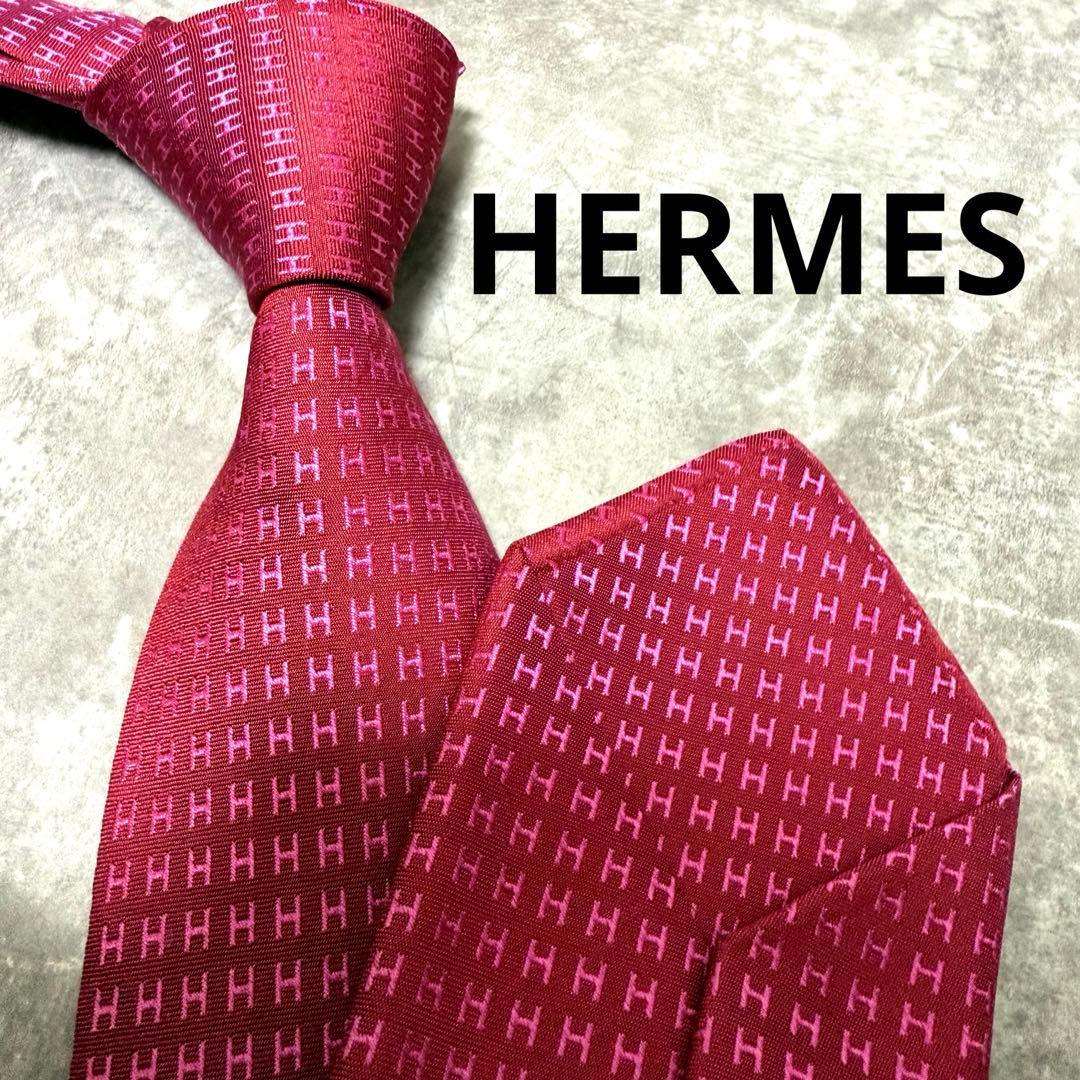 HERMES エルメス ネクタイ ワインレッド ファソネ H柄 定番 王道 光沢