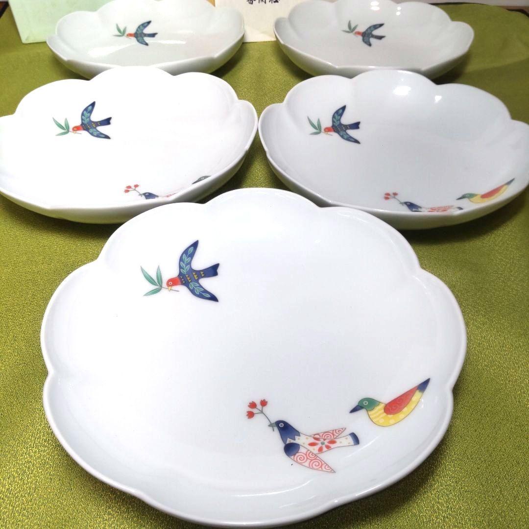 未使用品 香蘭社 花小鳥 深皿 中皿 5枚 輪花 小鳥 鳥