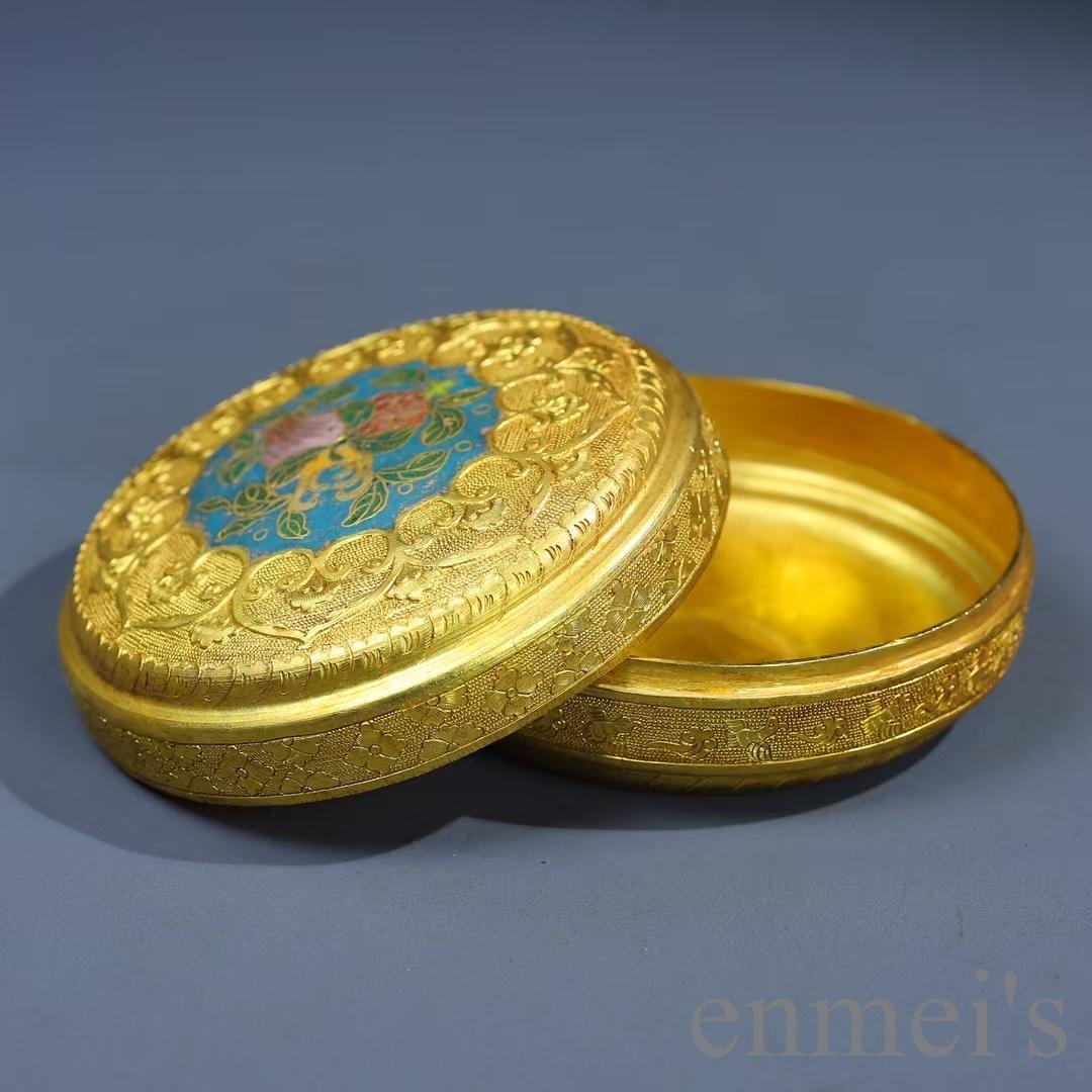 中国古美術 鍍金 純銅製 首飾箱 鏨刻工芸 掐絲七宝 小物入 観賞用 細密細工