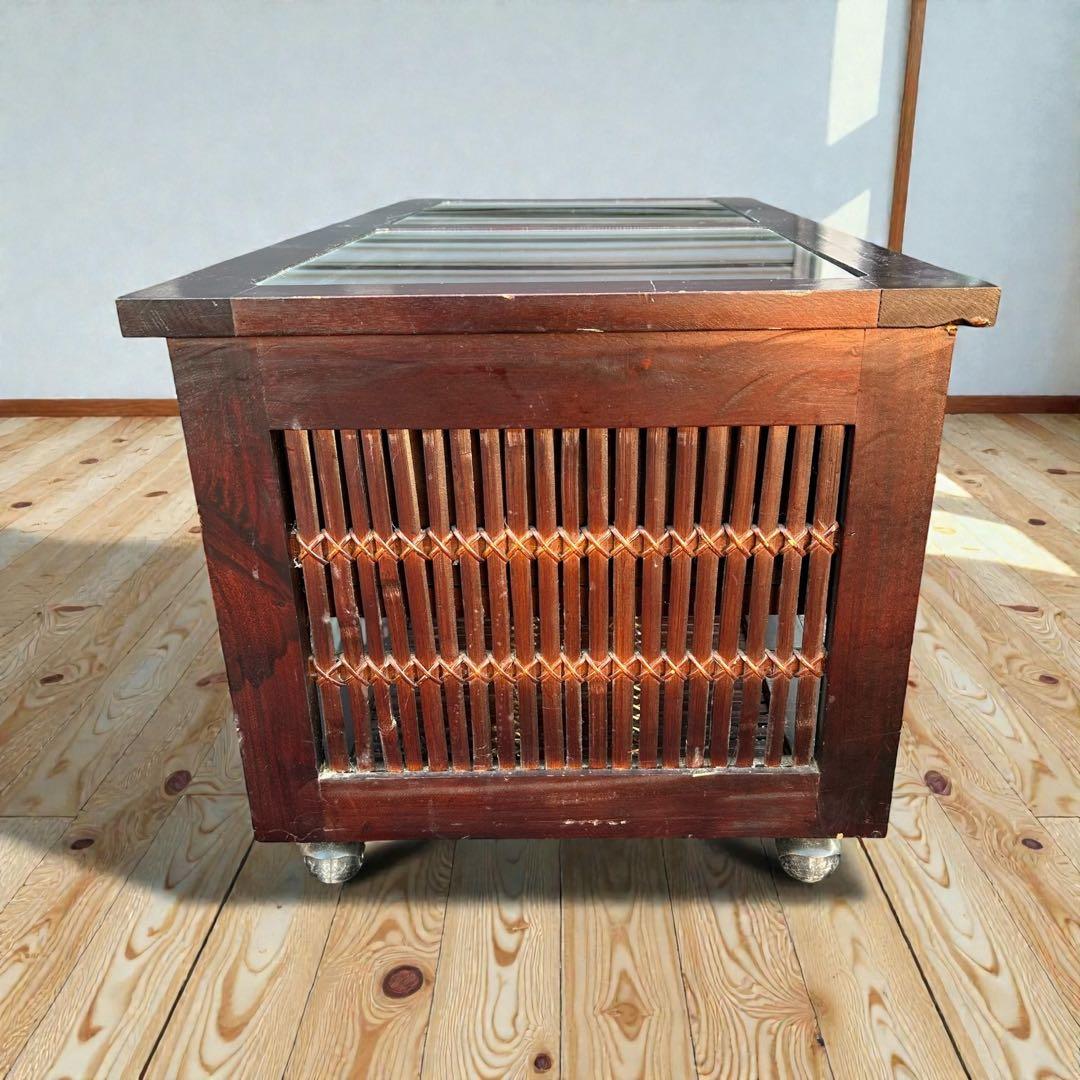 良品✨アジアン家具 ガラス天板テーブル 天然竹収納付 キャスター付 ローテーブル