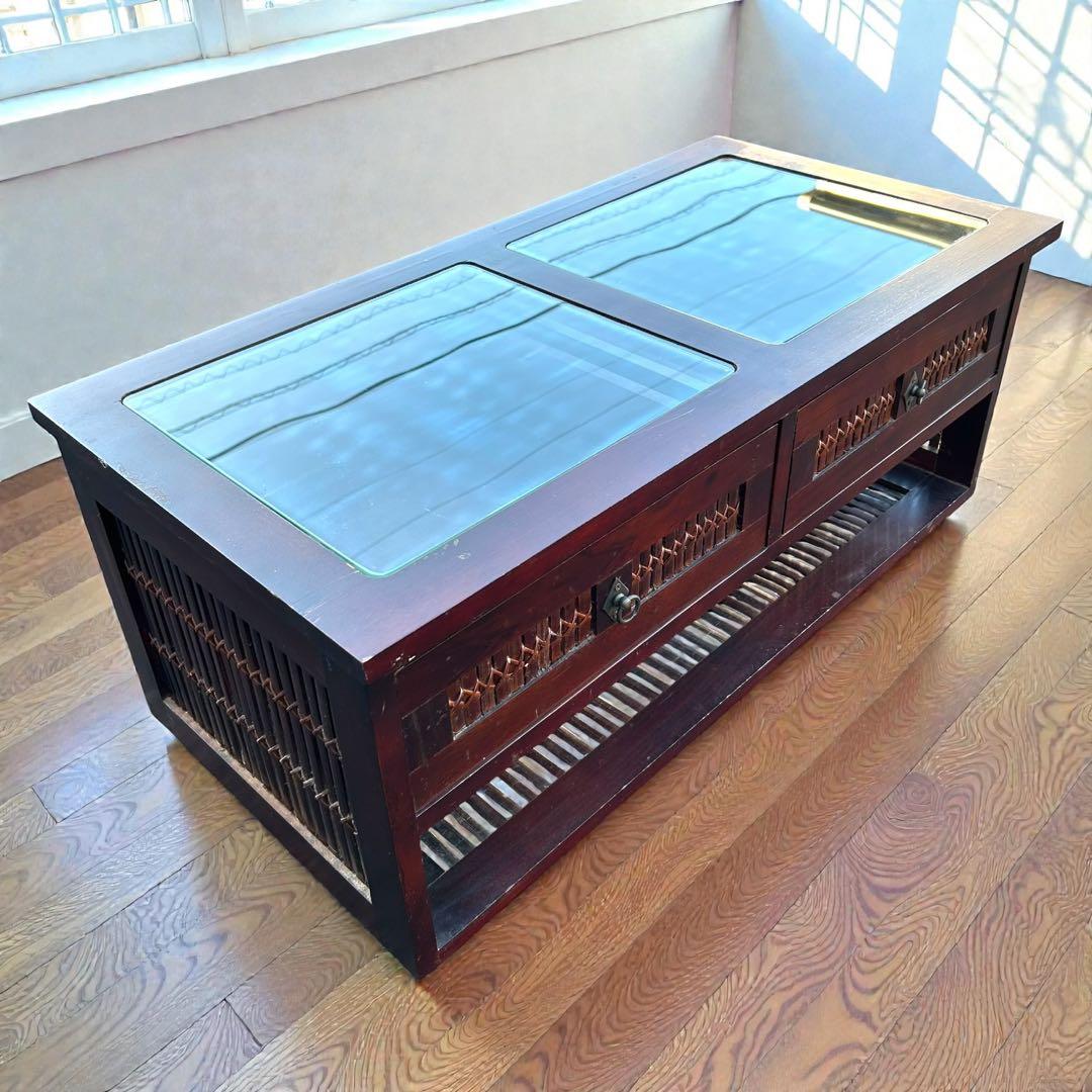 良品✨アジアン家具 ガラス天板テーブル 天然竹収納付 キャスター付 ローテーブル