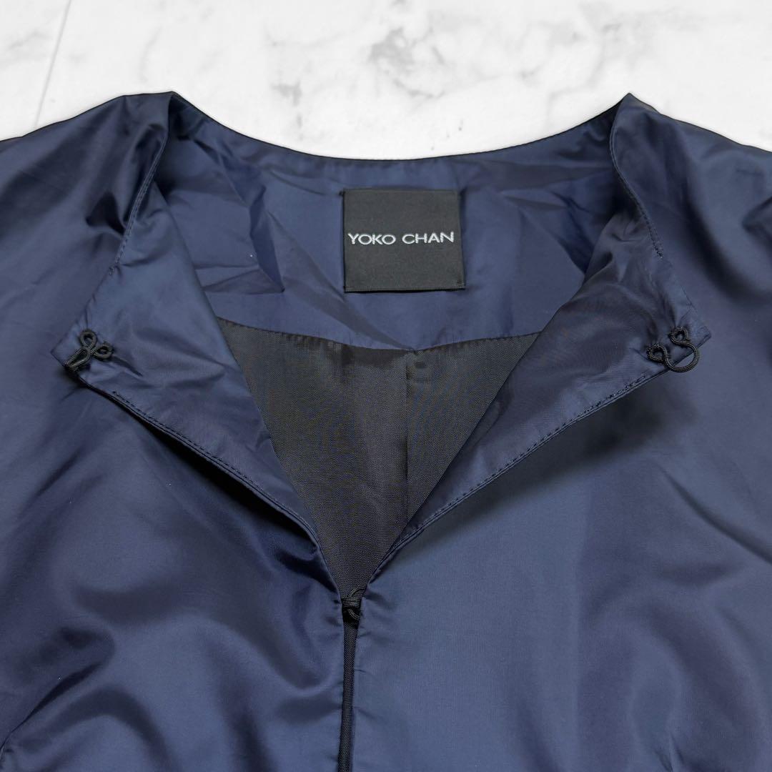 ヨーコチャン ナイロンコート タック ギャザー ネイビー ノーカラー 軽量