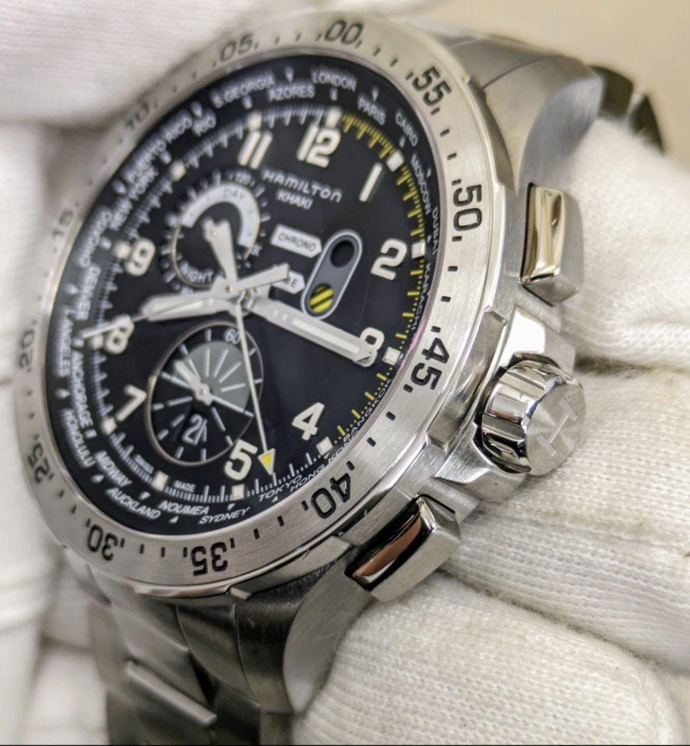 美品　ハミルトン H767140 カーキ アビエーション ワールドタイマークロノ