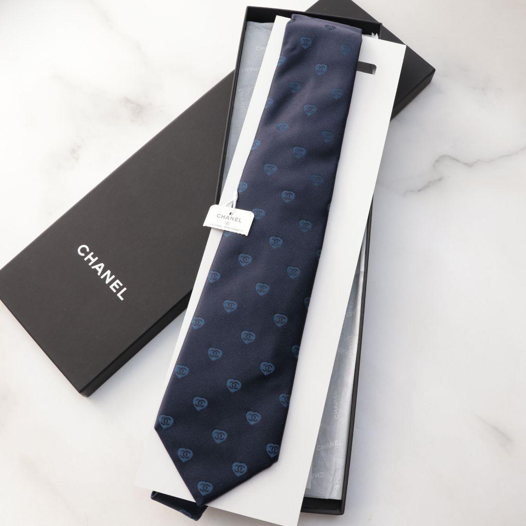 未使用 シャネル CHANEL ネイビー ロゴパターン ネクタイ