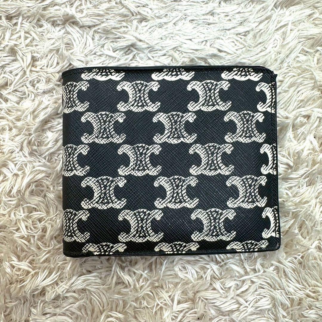 【美品】セリーヌ 二つ折り財布 ブラック トリオンフ マカダム レザー メンズ