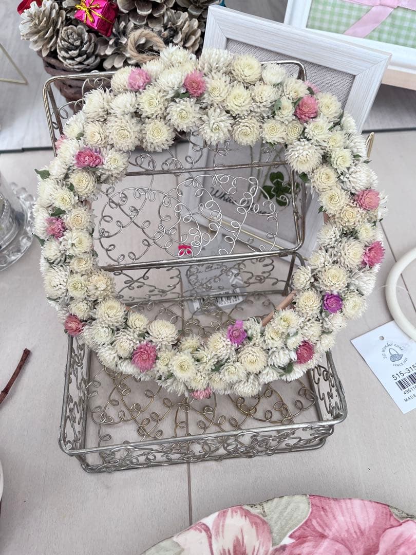 ドライフラワー円形リース ホワイト・ピンク・パープル