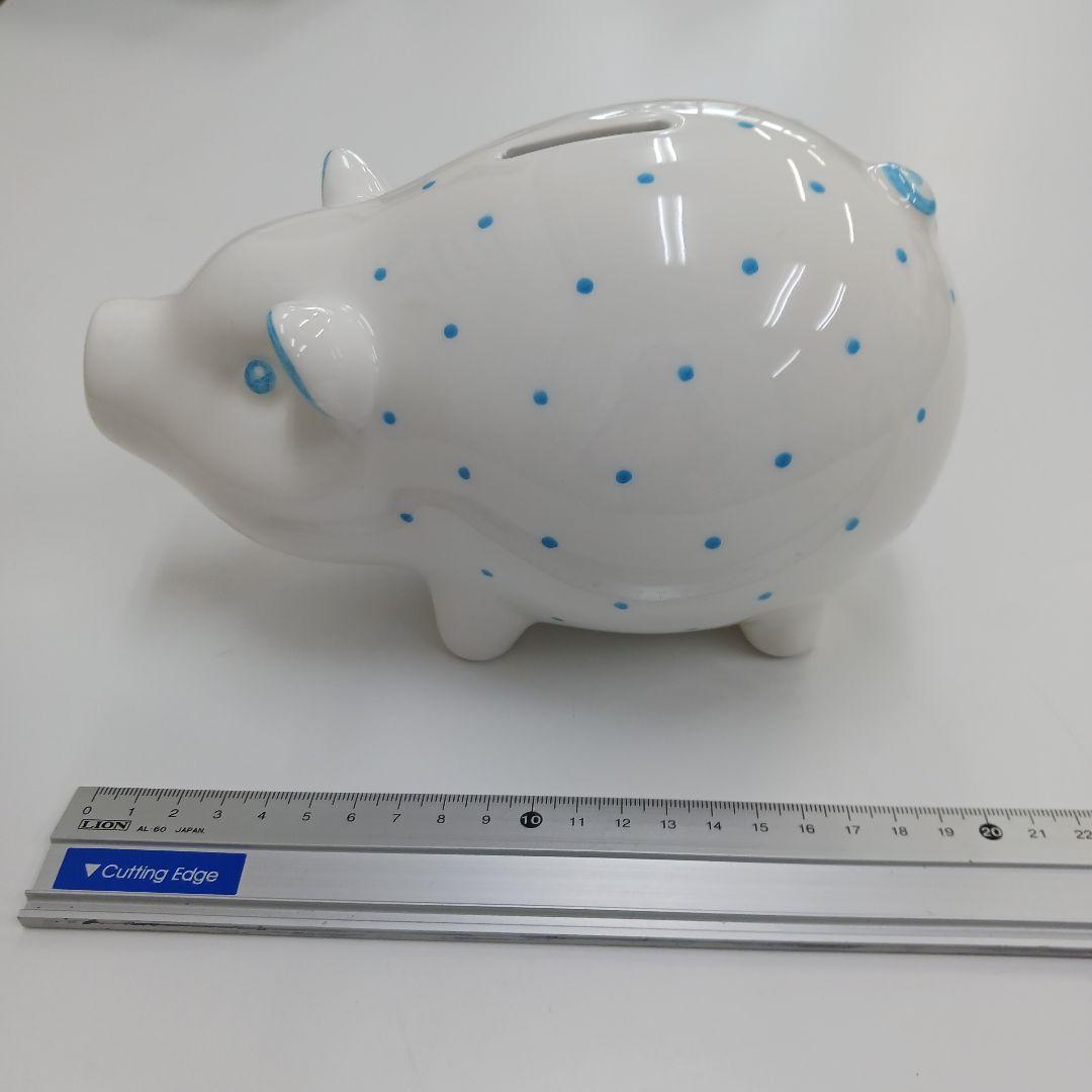 ティファニー美品ピギーバンク陶器製豚貯金箱 白と水色の水玉模様