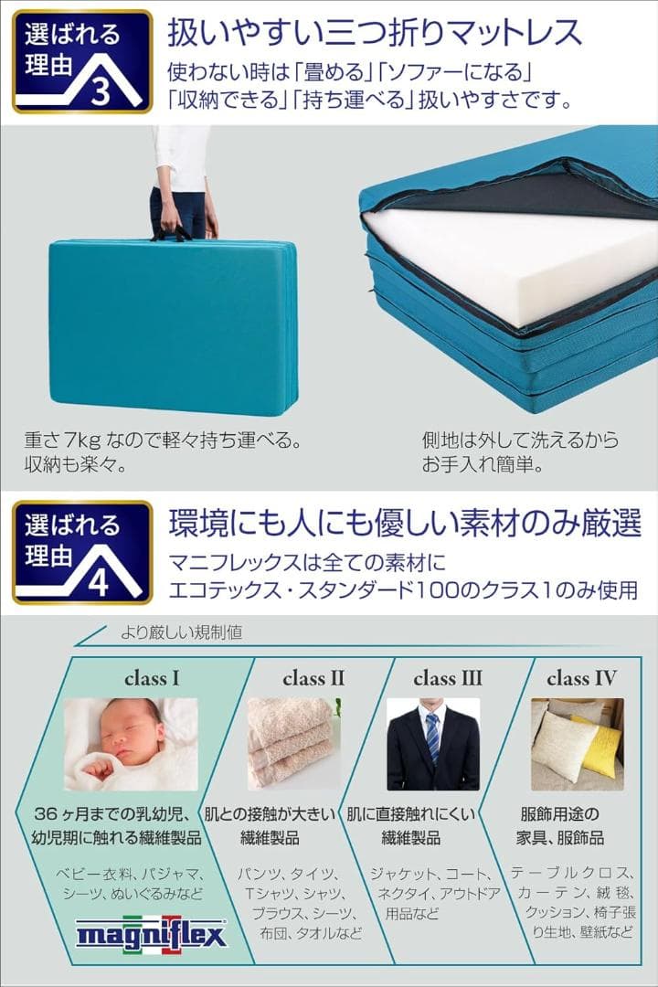 マニフレックス　三つ折り高反発 シングル ミッドブルー 11cm イタリア製