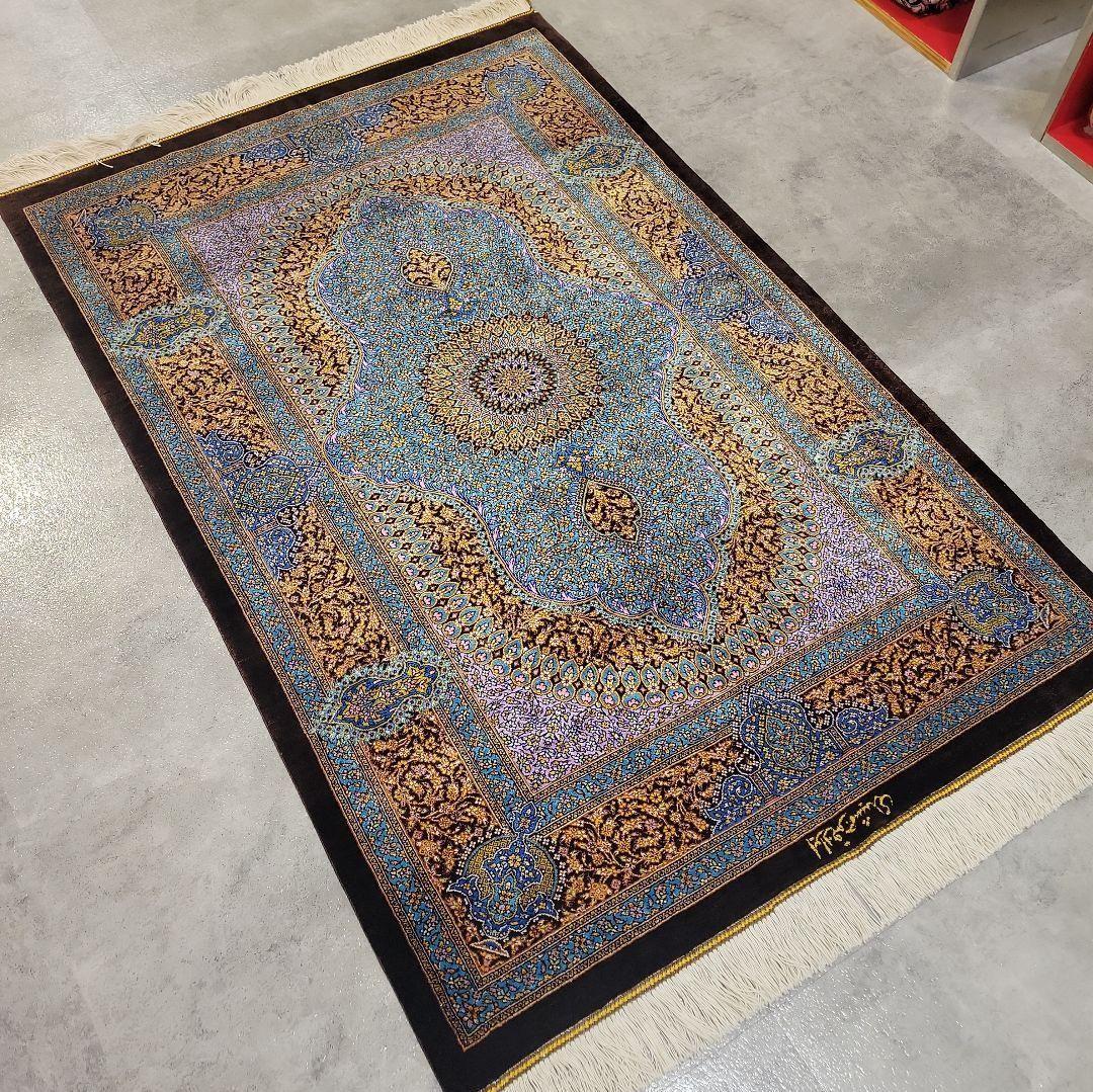 116X79cm ペルシャ手織りクム産シルク絨毯(664)ラグ・マット・素敵