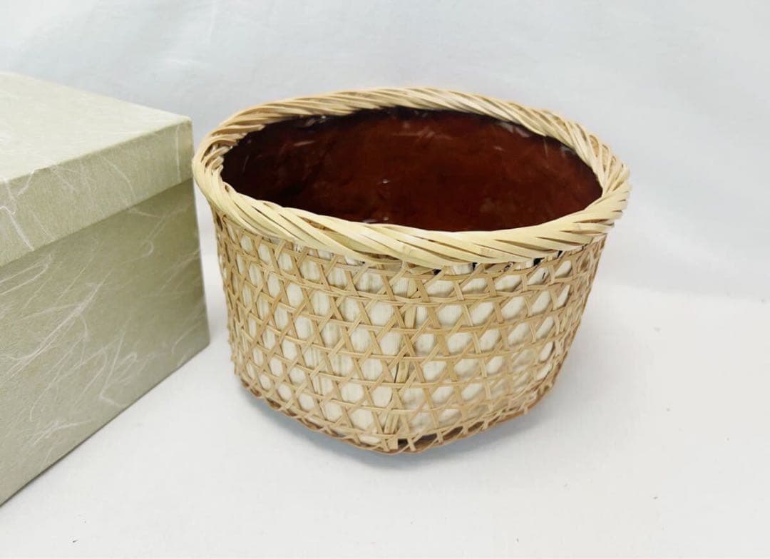 未使用 茶道具 島田竹宝斎作 又妙斎好写 唐筆篭炭斗 炭取 炭斗籠 竹細工 紙箱