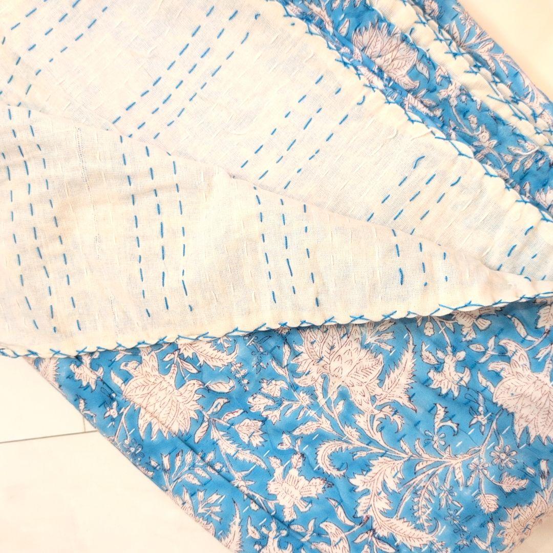 【L】花柄 ハンドブロックプリント カンタキルト ソファカバー ブルー 760