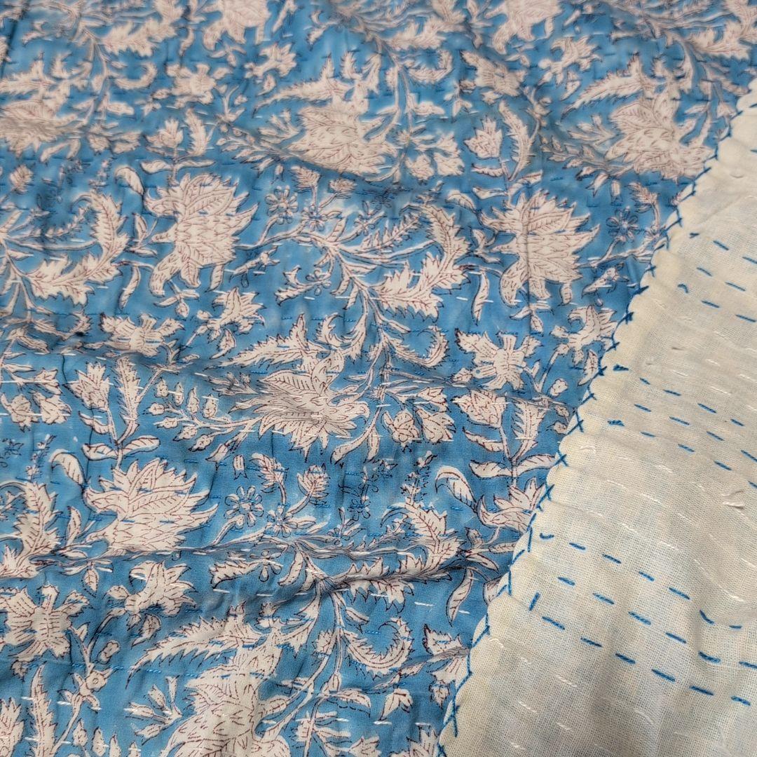 【L】花柄 ハンドブロックプリント カンタキルト ソファカバー ブルー 760