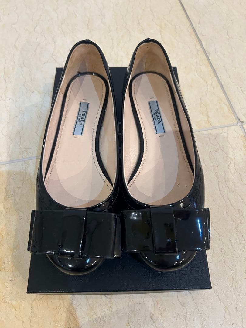 PRADA ブラック リボン付き36 1/2バレエシューズ