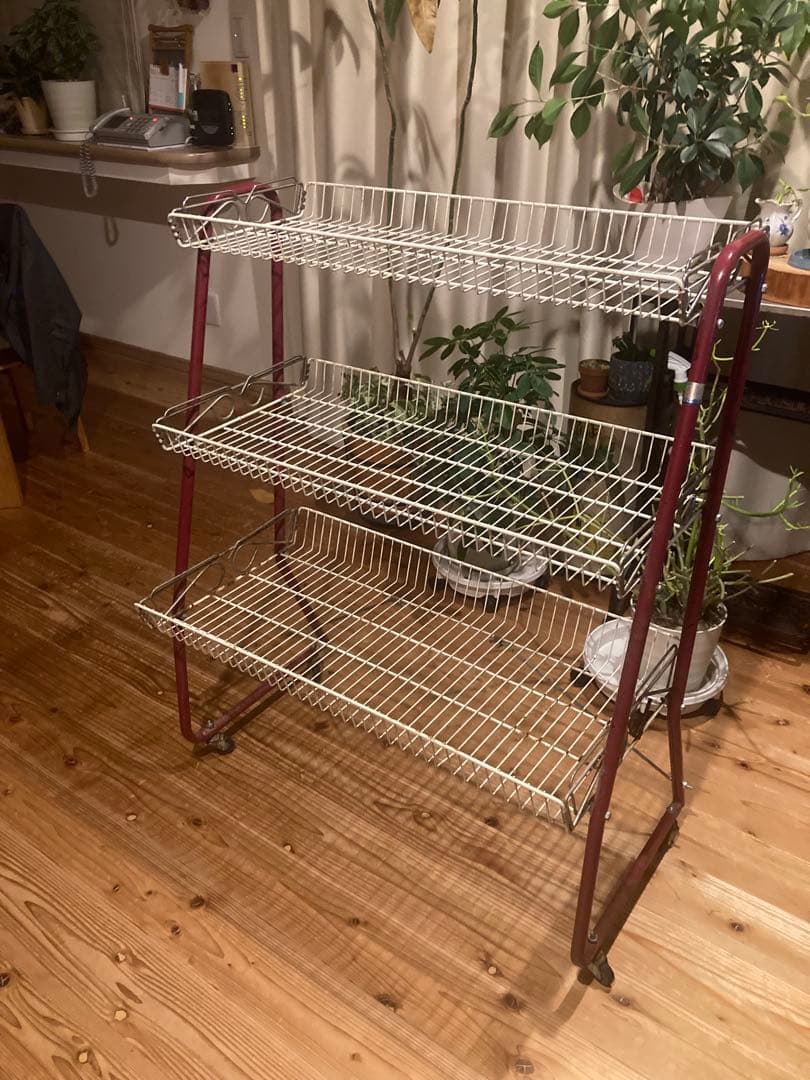昭和レトロ　ワイヤーラック3段仕様　キャスター付ガーデニング　シャビーラック14