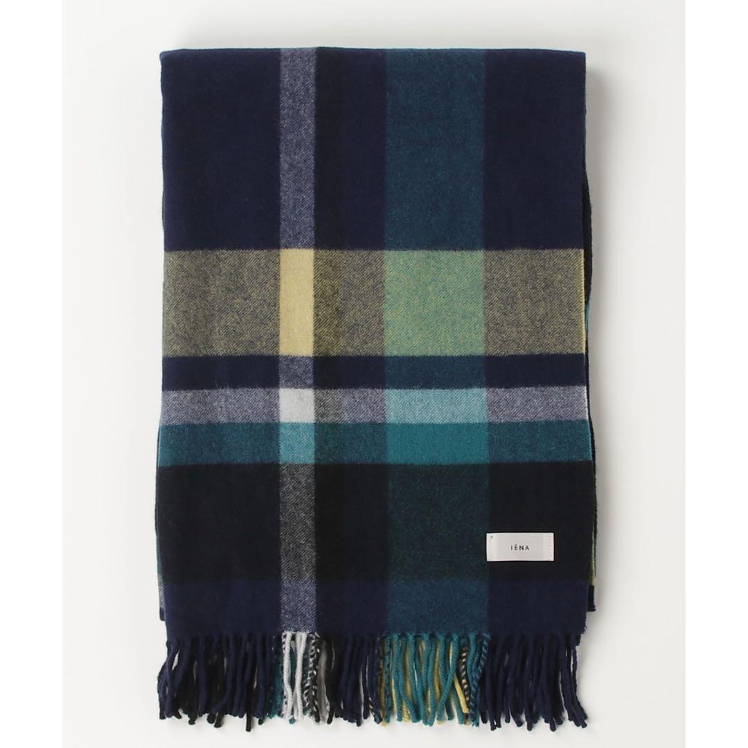 美品！IENAカシミヤストール 大判マフラー チェック イエナ ネイビー 紺色
