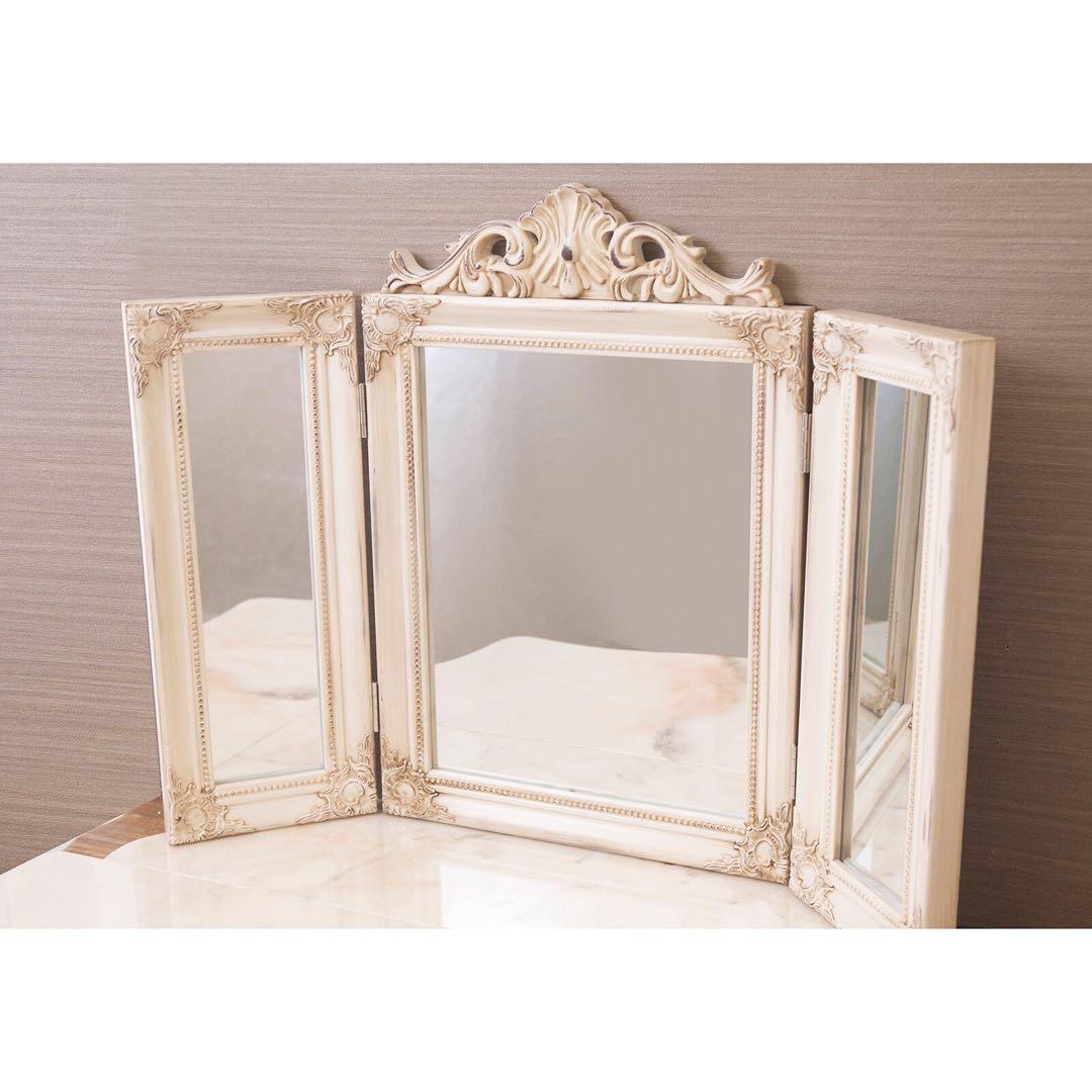 『三面鏡』ミラー　アンティーク調　置き型　開閉式　大型鏡　新品　完成品