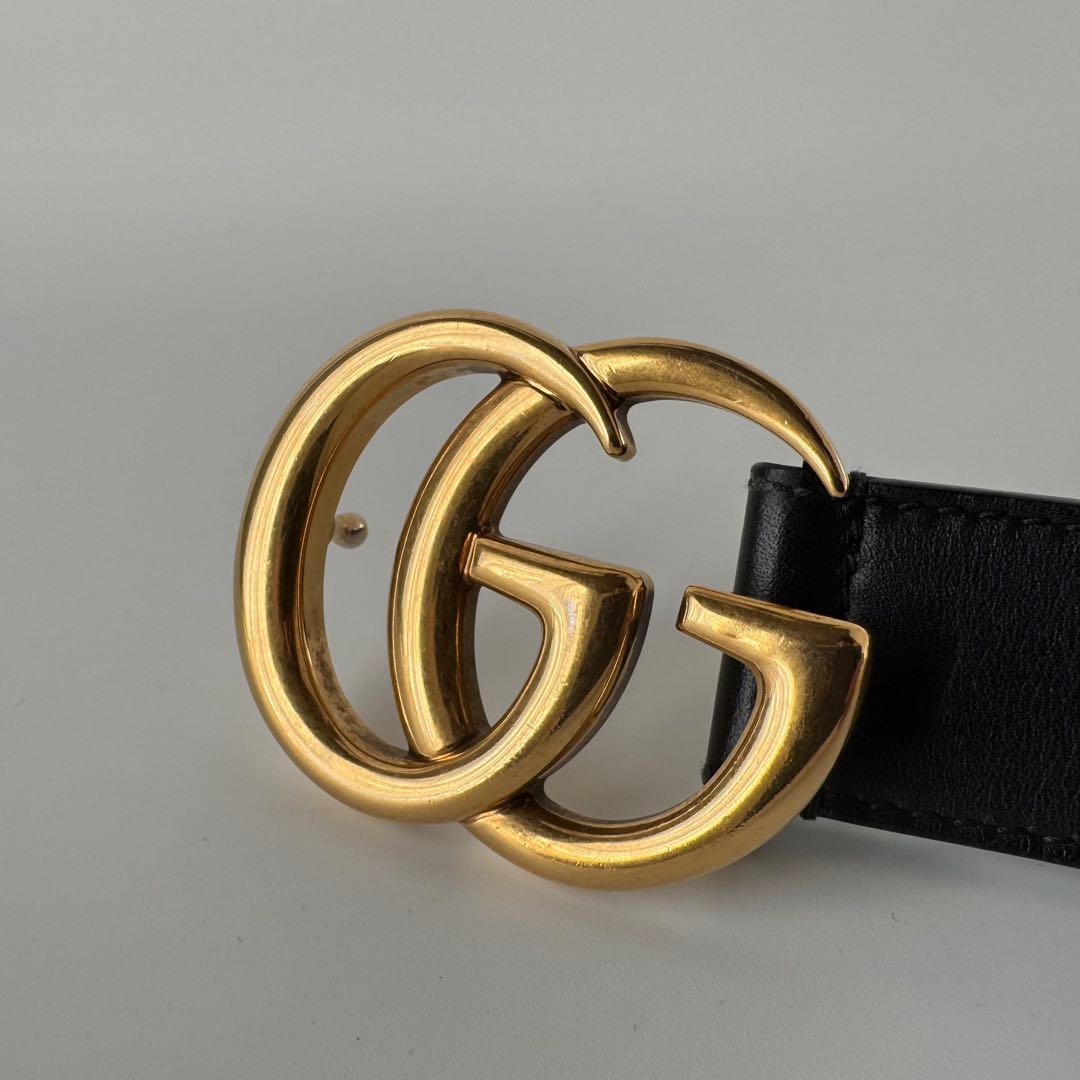 【美品】GUCCI　ベルト　黒　GGマーモント　ゴールド　レザー　ロゴバックル
