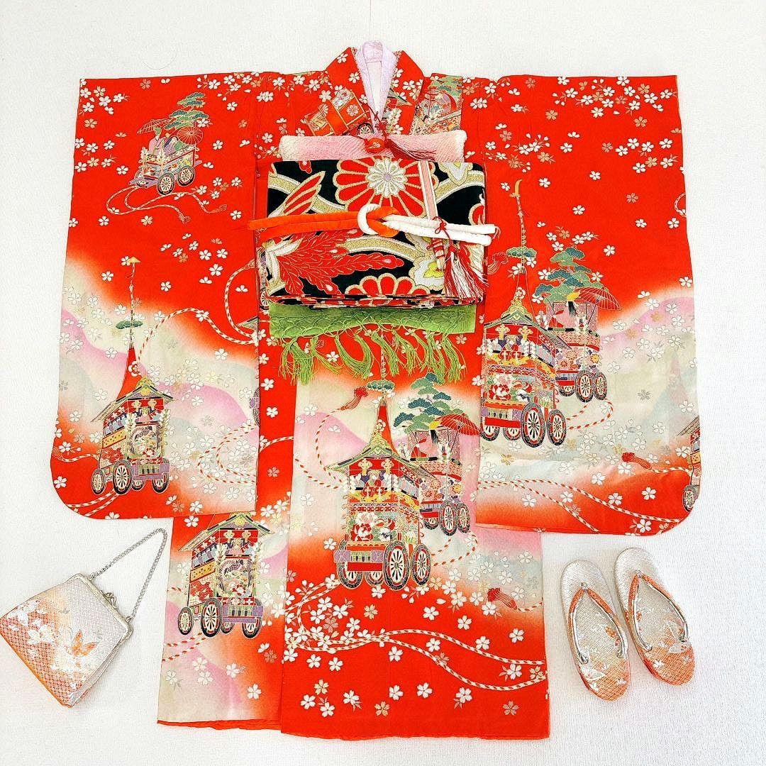 フルセット七五三　7歳女の子　着物＆帯＆簡単半衿＆小物　オレンジ地　比翼　祇園祭