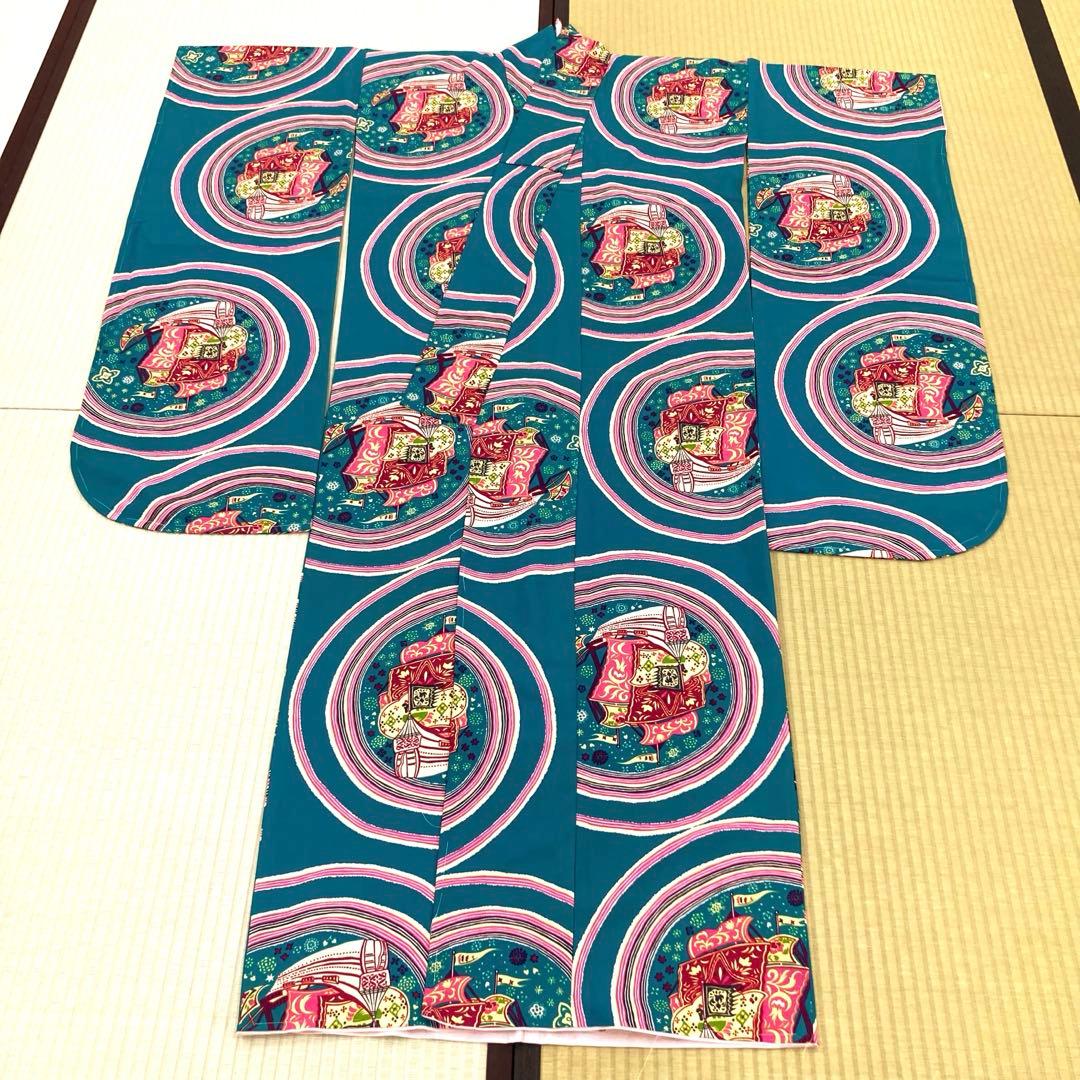 ☆未使用☆振袖　単品　化繊　緑系船模様振袖