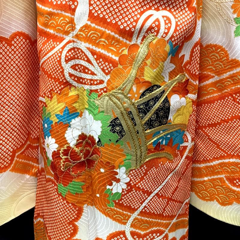 509ag4□七五三 七歳 女児 着物&袋帯 金駒刺繍 地紋 花鼓 雲取り□美品